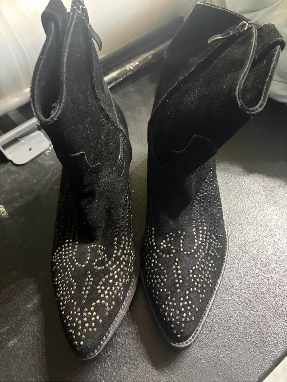 Black Studded Suede Western-Inspired Ankle Boots Reba